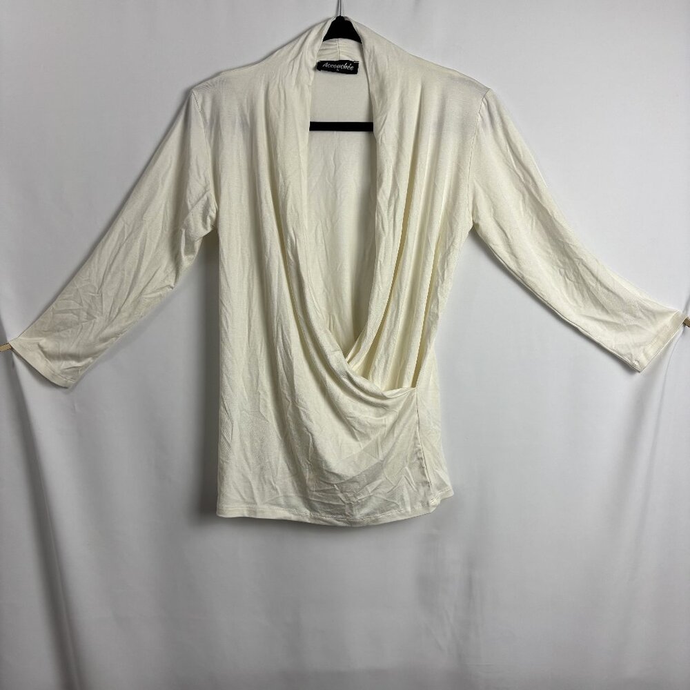 Accouchee S Wrap Front Soft Stretch 3/4 Sleeve Maternity Cowl White Blouse Top